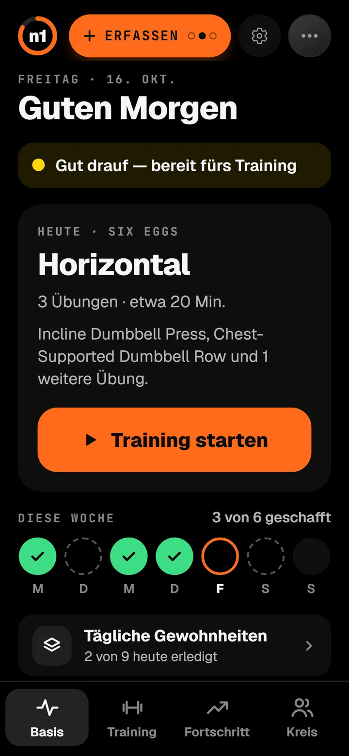 n1 im Easy-Modus: Guten Morgen, das Training für heute mit einem Start-Button und die Woche mit 3 von 6 erledigt.