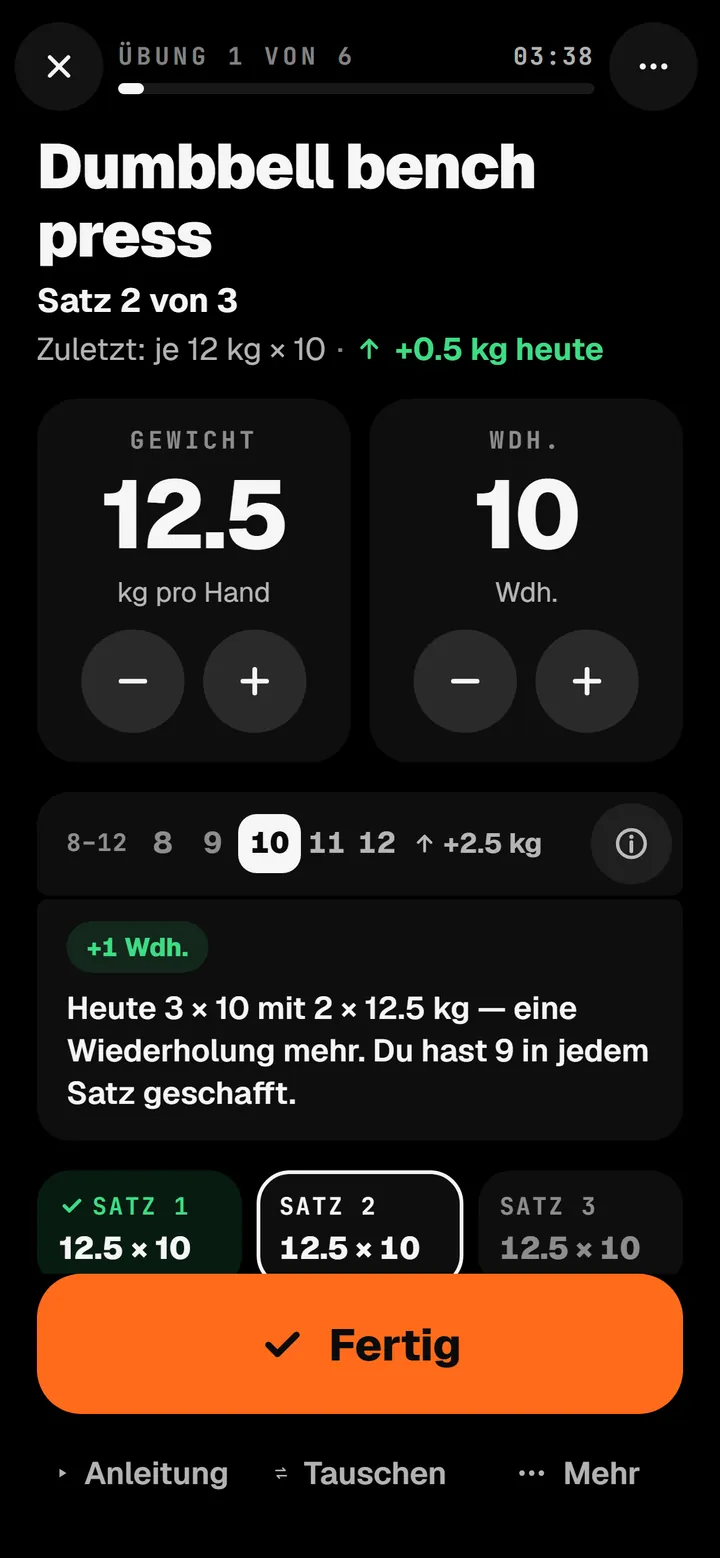 Der n1-Trainingsbildschirm: Kurzhantel-Bankdrücken, Satz 2 von 3, 12,5 kg pro Hand, 10 Wiederholungen.