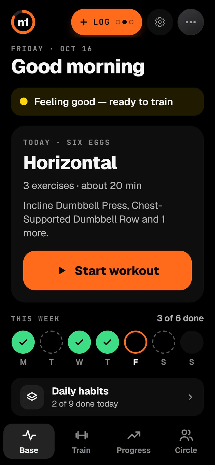 n1 in Easy mode: Good morning, feeling good, ready to train. Today's workout with one Start button, and the week at 3 of 6 done.