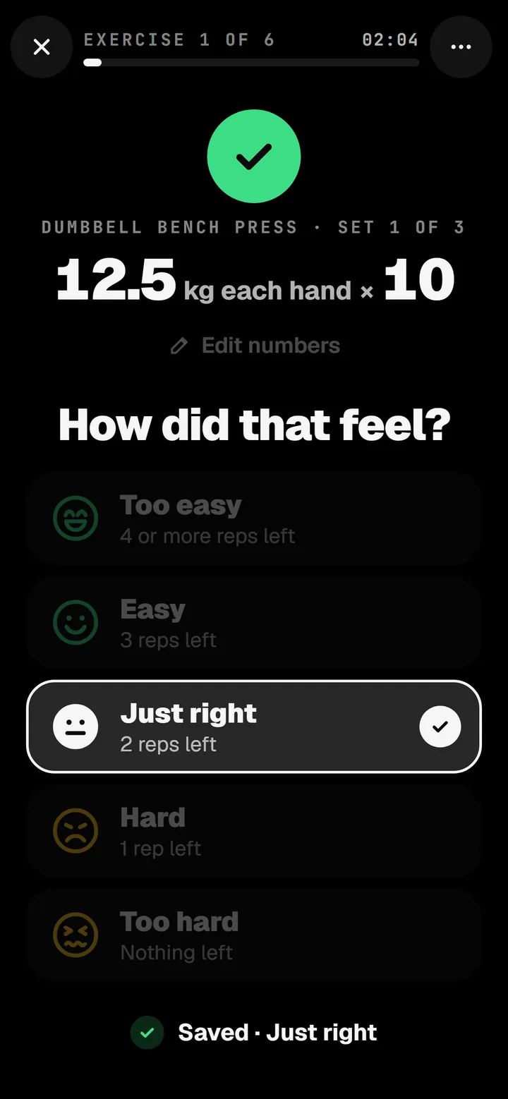 How it felt: five choices from Too easy to Too hard, with Just right picked.