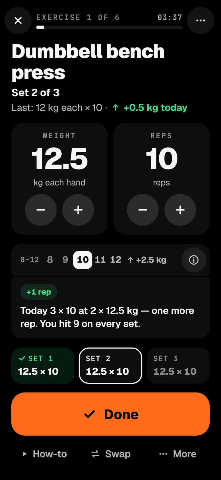 The n1 workout screen: dumbbell bench press, set 2 of 3, 12.5 kg each hand for 10 reps.