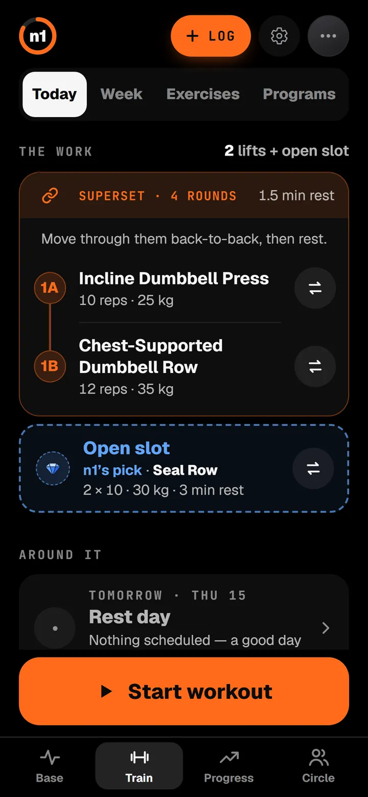 n1 Train, Today: a superset of incline dumbbell press, 10 reps at 25 kg, and chest-supported dumbbell row, 12 reps at 35 kg, then an open slot with n1's pick, seal row.