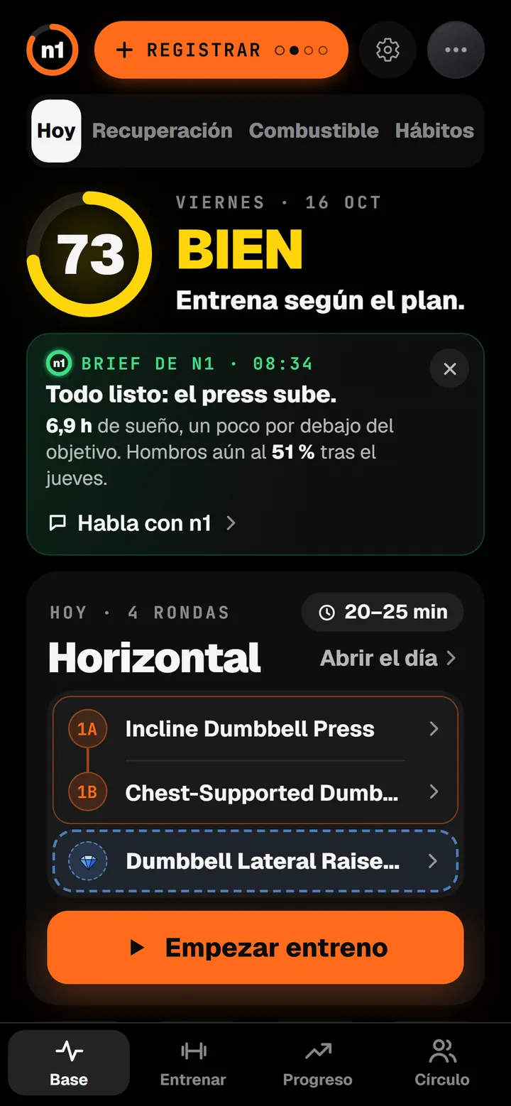 Pantalla Hoy de n1: preparación 73, bien, entrena según el plan. La sesión de hoy, Horizontal, una superserie de press inclinado con mancuernas y remo con mancuernas con apoyo en el pecho, después la elección de n1, y un botón para empezar.