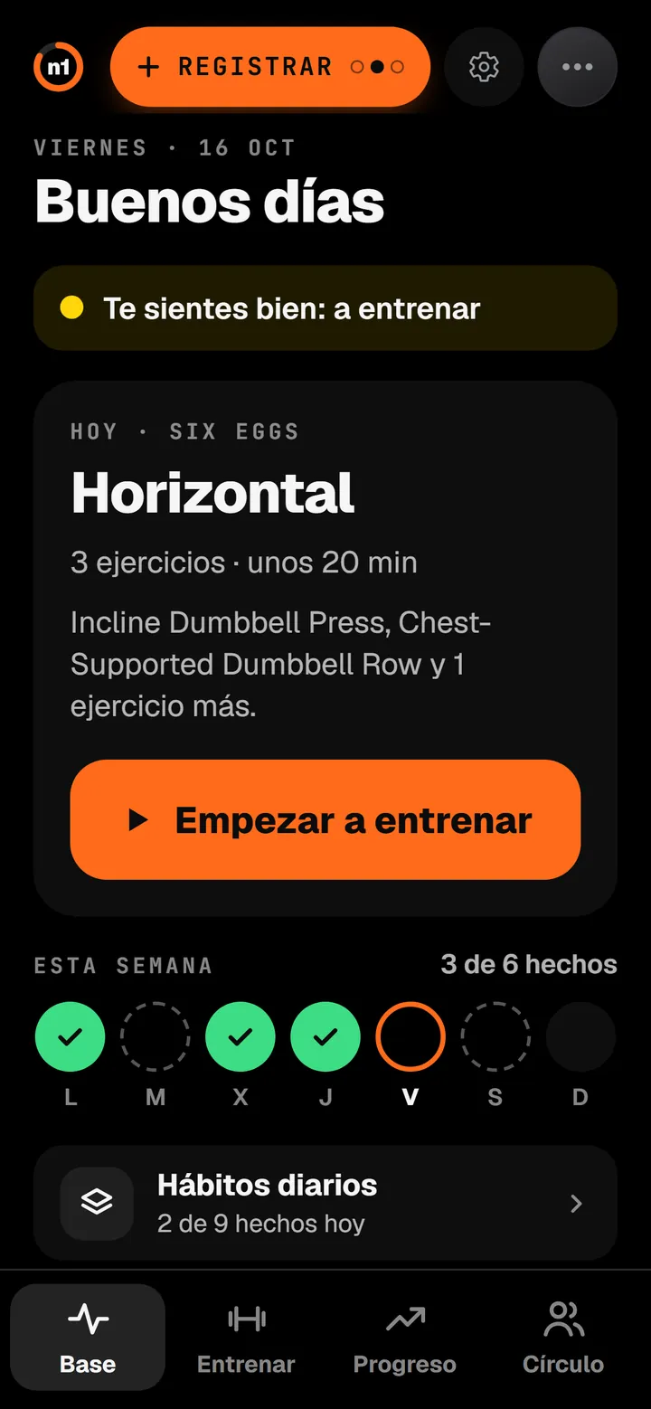 n1 en modo Easy: buenos días, el entrenamiento de hoy con un botón para empezar y la semana con 3 de 6 hechos.