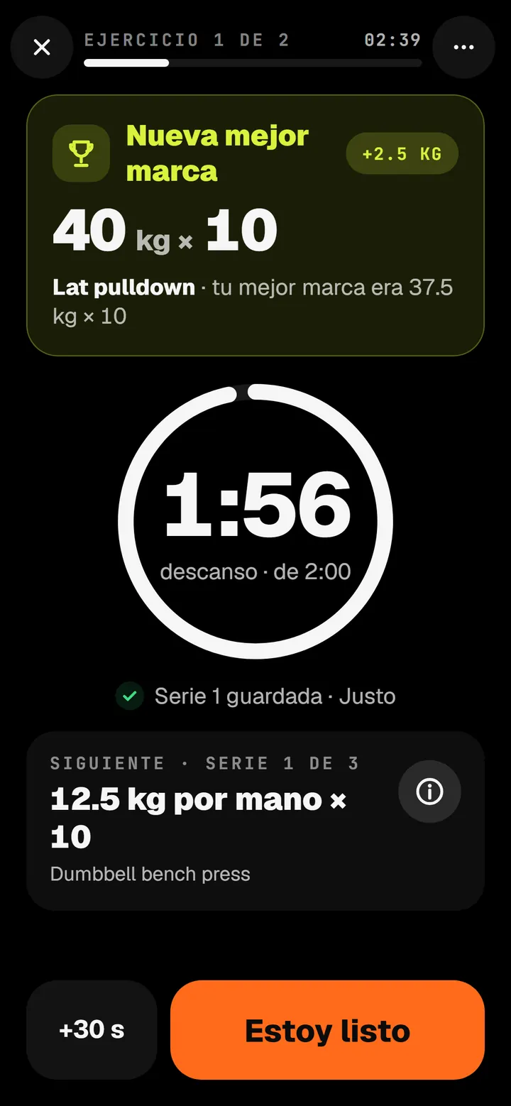 El descanso: un nuevo récord en jalón al pecho, 40 kg por 10, un temporizador en 1:56 de 2:00 y la siguiente serie.