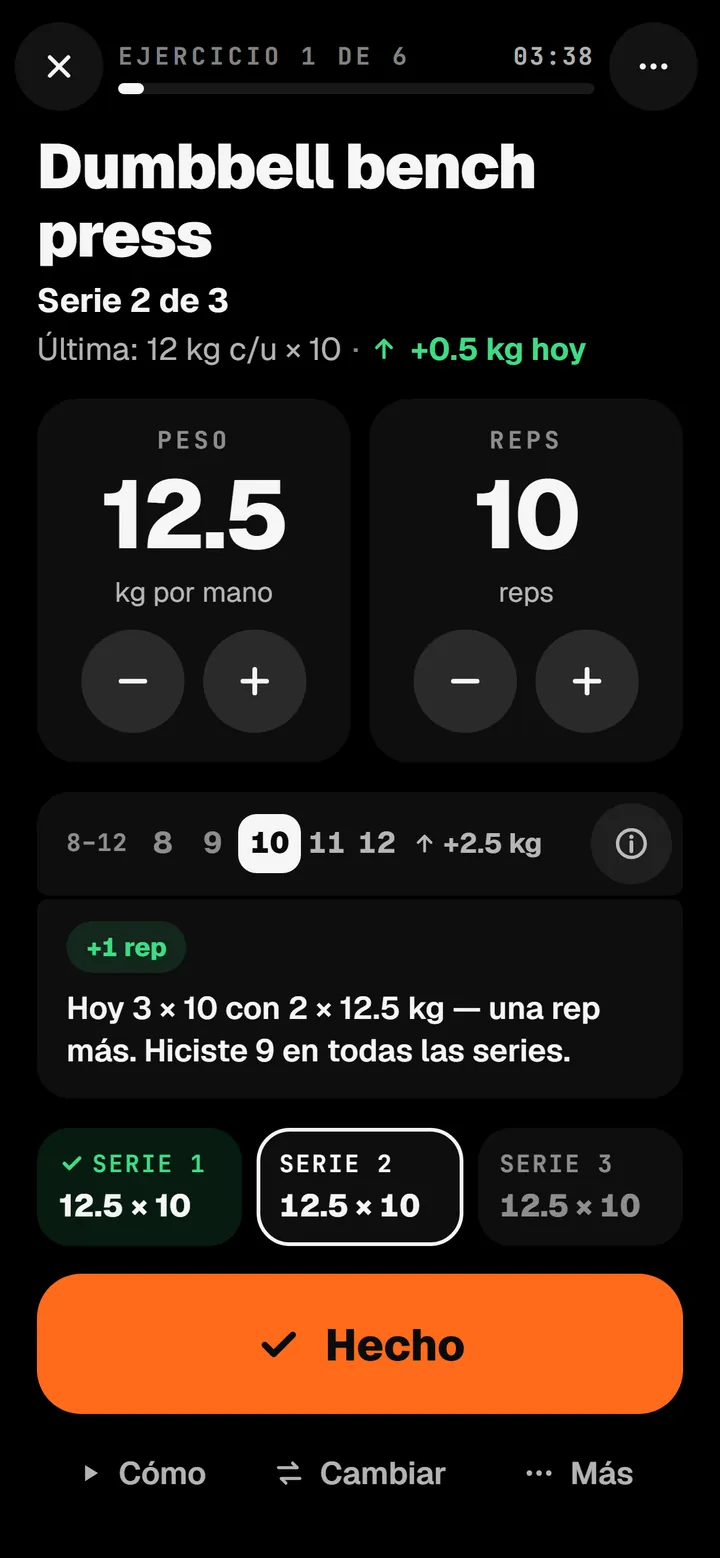 La pantalla de entrenamiento de n1: press de banca con mancuernas, serie 2 de 3, 12,5 kg en cada mano, 10 repeticiones.