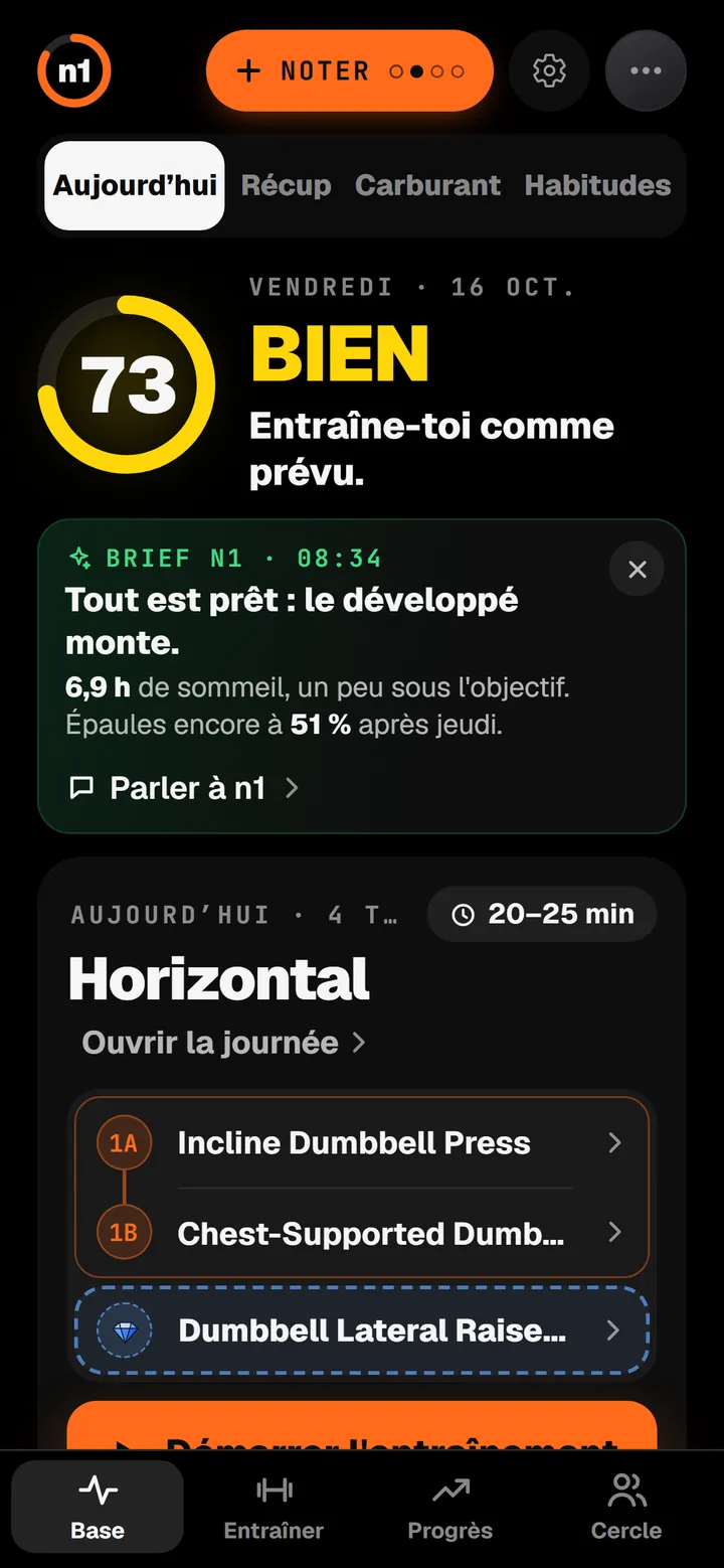 Écran Aujourd'hui de n1 : forme 73, bien, entraîne-toi comme prévu. La séance du jour, Horizontal, une superset de développé incliné aux haltères et de rowing haltères buste appuyé, puis le choix de n1, et un bouton pour démarrer.