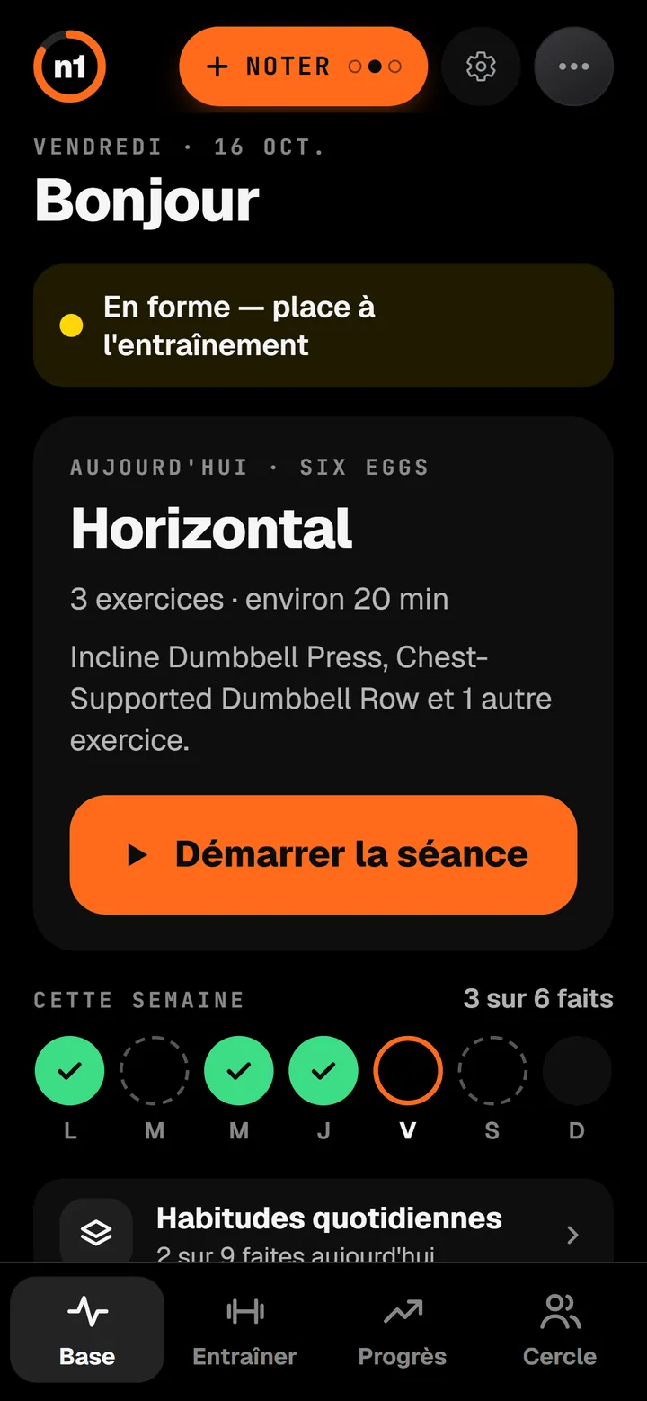 n1 en mode Easy : bonjour, la séance du jour avec un bouton pour démarrer et la semaine à 3 sur 6.
