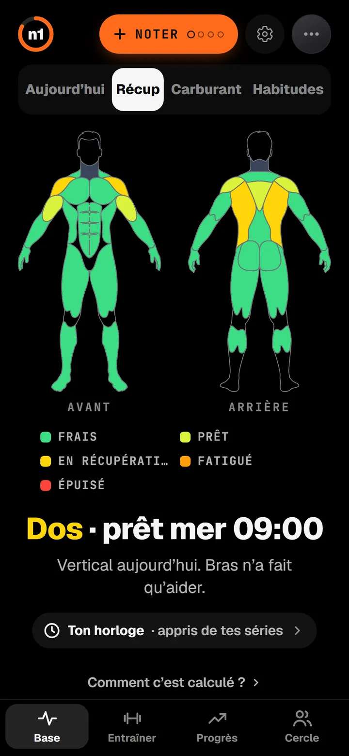 L'écran de récupération de n1 : une silhouette de face et de dos, chaque muscle coloré de frais à épuisé.
