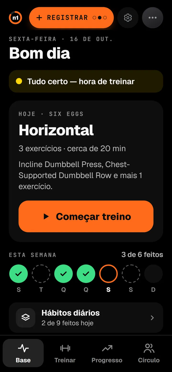 n1 no modo Easy: bom dia, o treino de hoje com um botão para começar e a semana com 3 de 6 feitos.