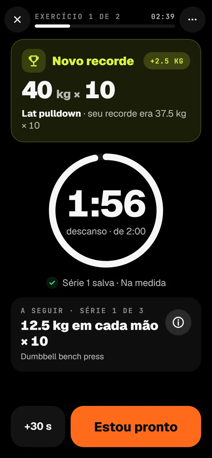 O descanso: um novo recorde no puxador, 40 kg por 10, um timer em 1:56 de 2:00 e a próxima série.
