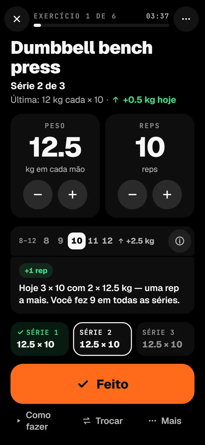 A tela de treino do n1: supino com halteres, série 2 de 3, 12,5 kg em cada mão, 10 repetições.